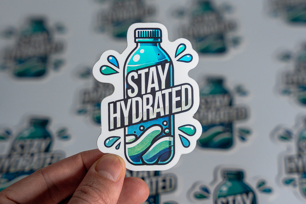 Die-cut Stay Hydrated klistermærke med vandflaske-illustration