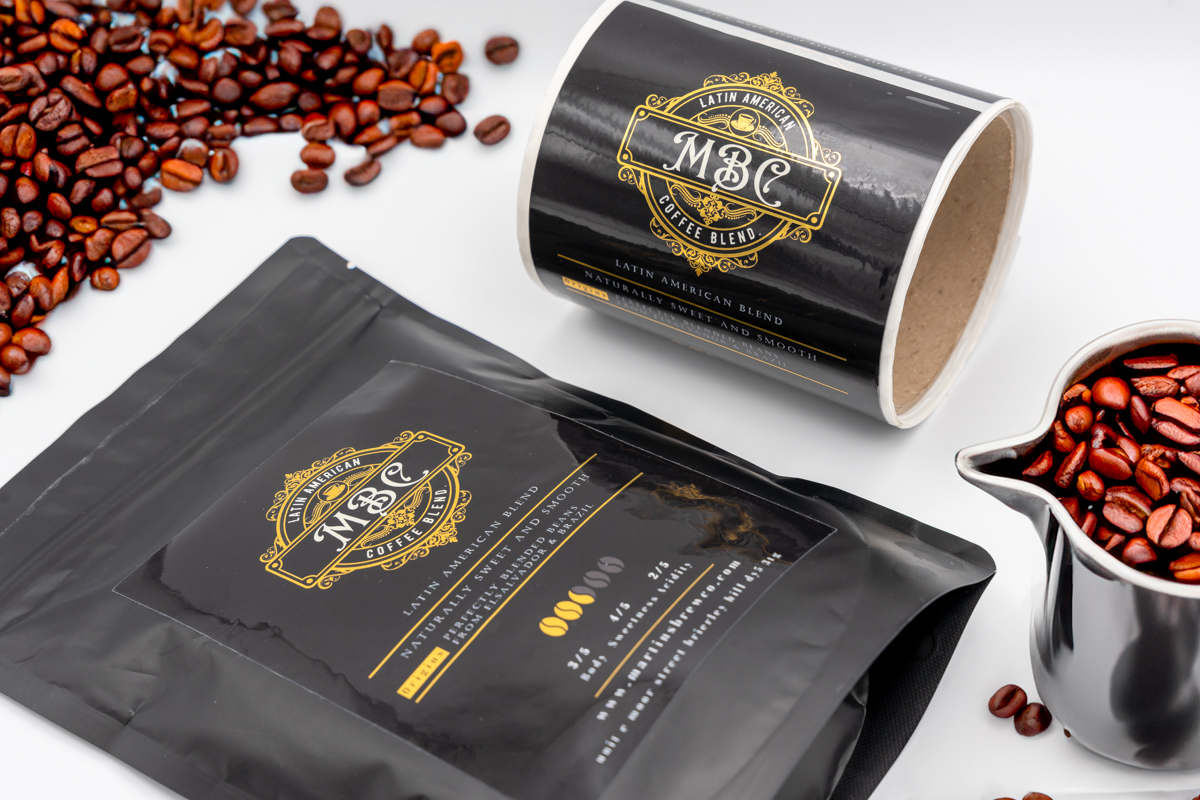 Sorte kaffeposer med guldfoliet MBC Coffee Blend label