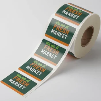 Rulle med rektangulære Fresh Market labels i grøn og orange