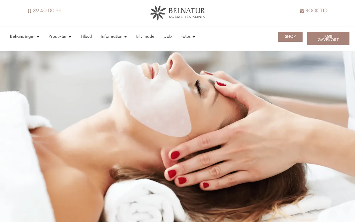Forsiden af den kosmetiske klinik Belnatur vist i en browserramme