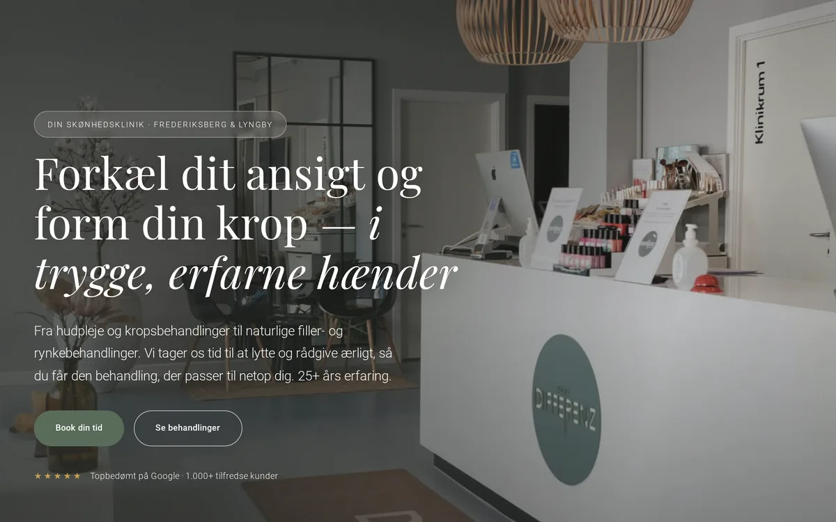 Forsiden af skønhedsklinikken Skin Differenz vist i en browserramme