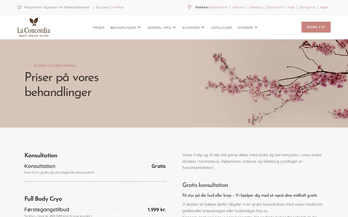Prisoversigt med behandlinger på klinikken La Concordias hjemmeside