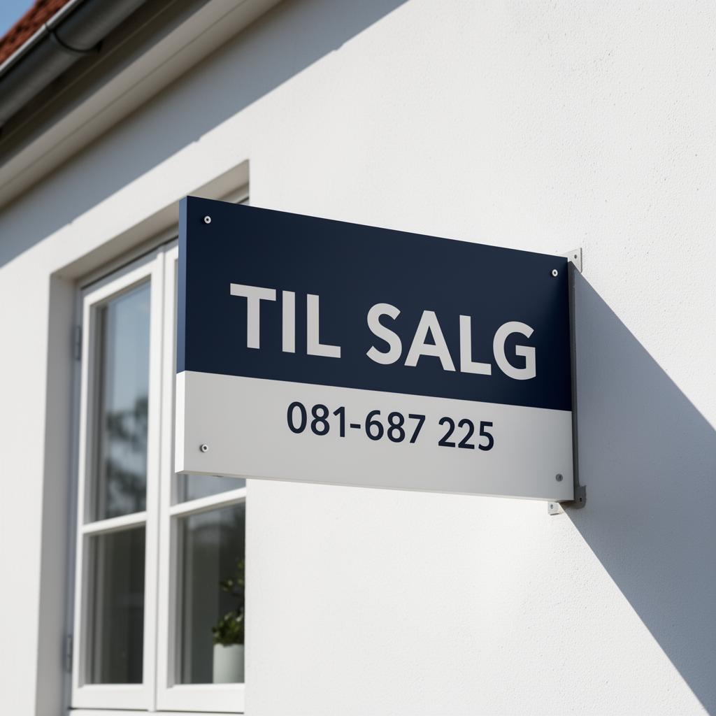 Vinkelmonteret Til salg-skilt på hvid villafacade